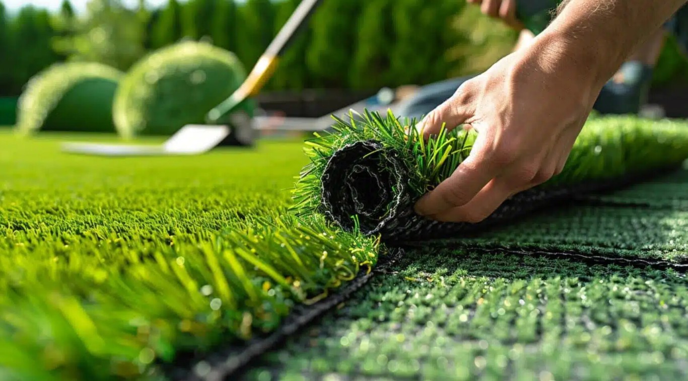 High-quality artificial grass roll being installed in Georgetown home
